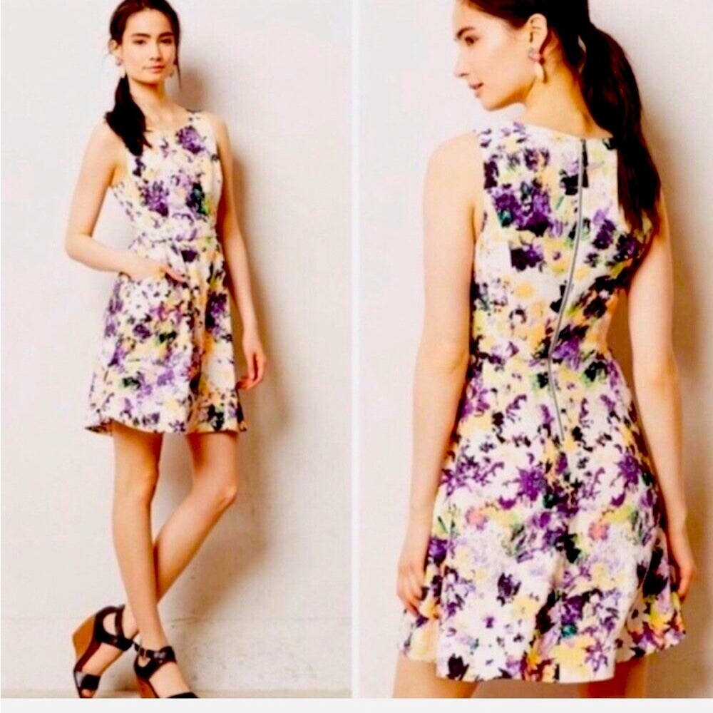 Anthropologie Maeve Neon Floral Fit & Flare Textured Dress‎ Pockets Size 8